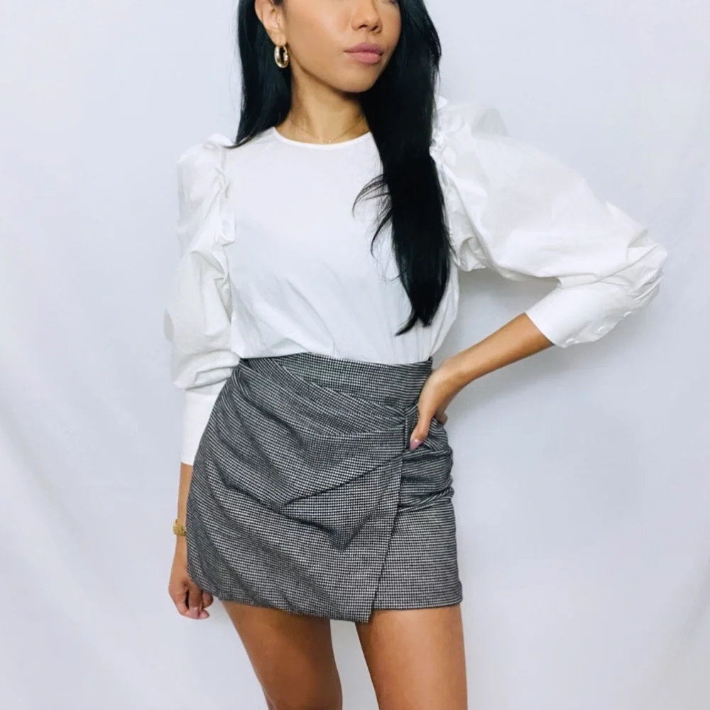 Club Monaco | Black and White Houndstooth Faux Wrap High Waist Mini Skirt 0